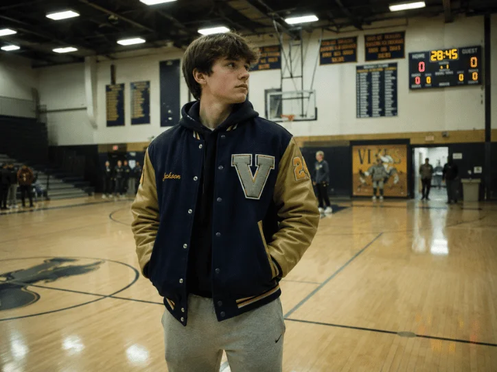 Student in a letterman jacket with varsity chenille V patch on a gym floor